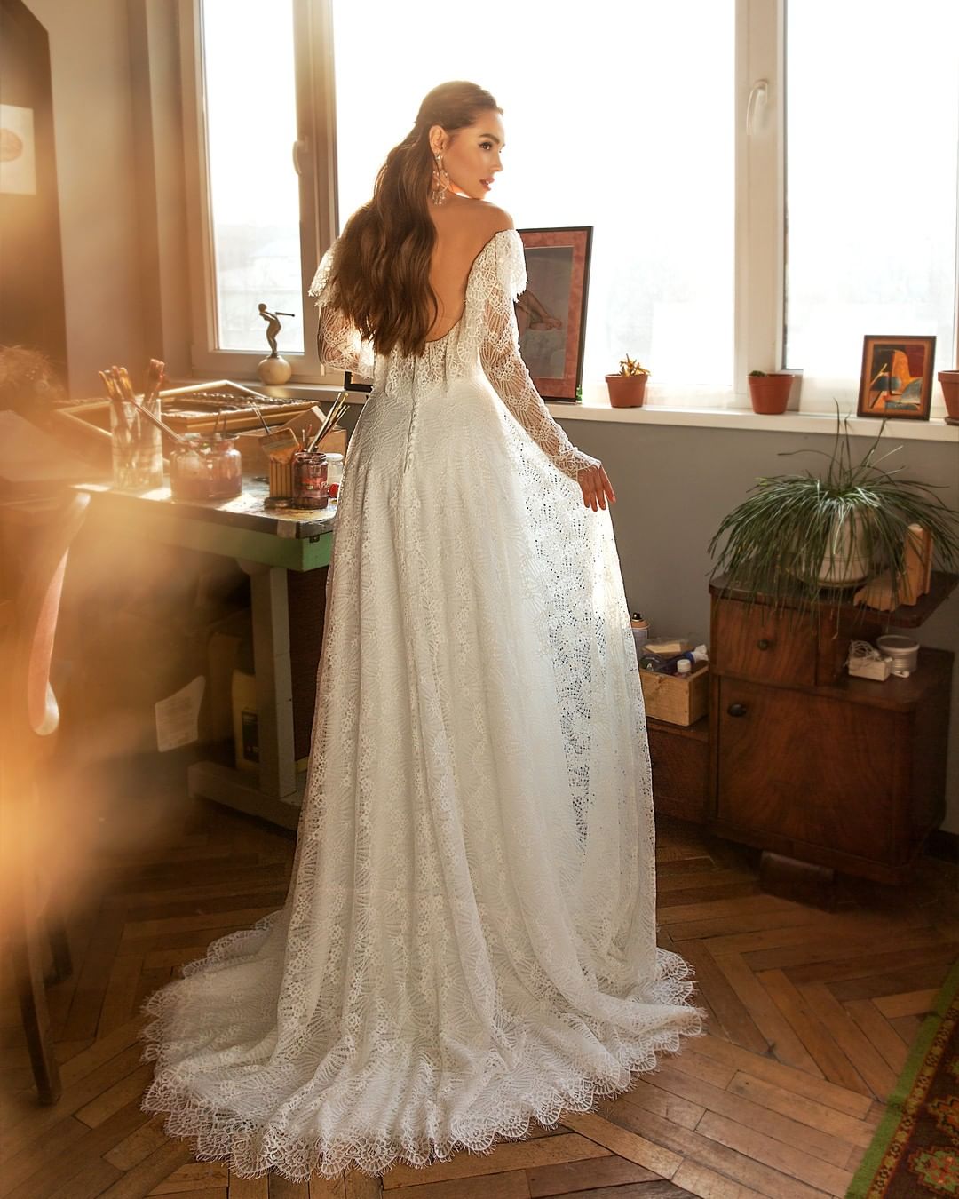 Lace Elegant Long Sleeves Wedding Dresses Off The Shoulder A E Backless Bridal Gowns Sweep Train Robe De Mari E