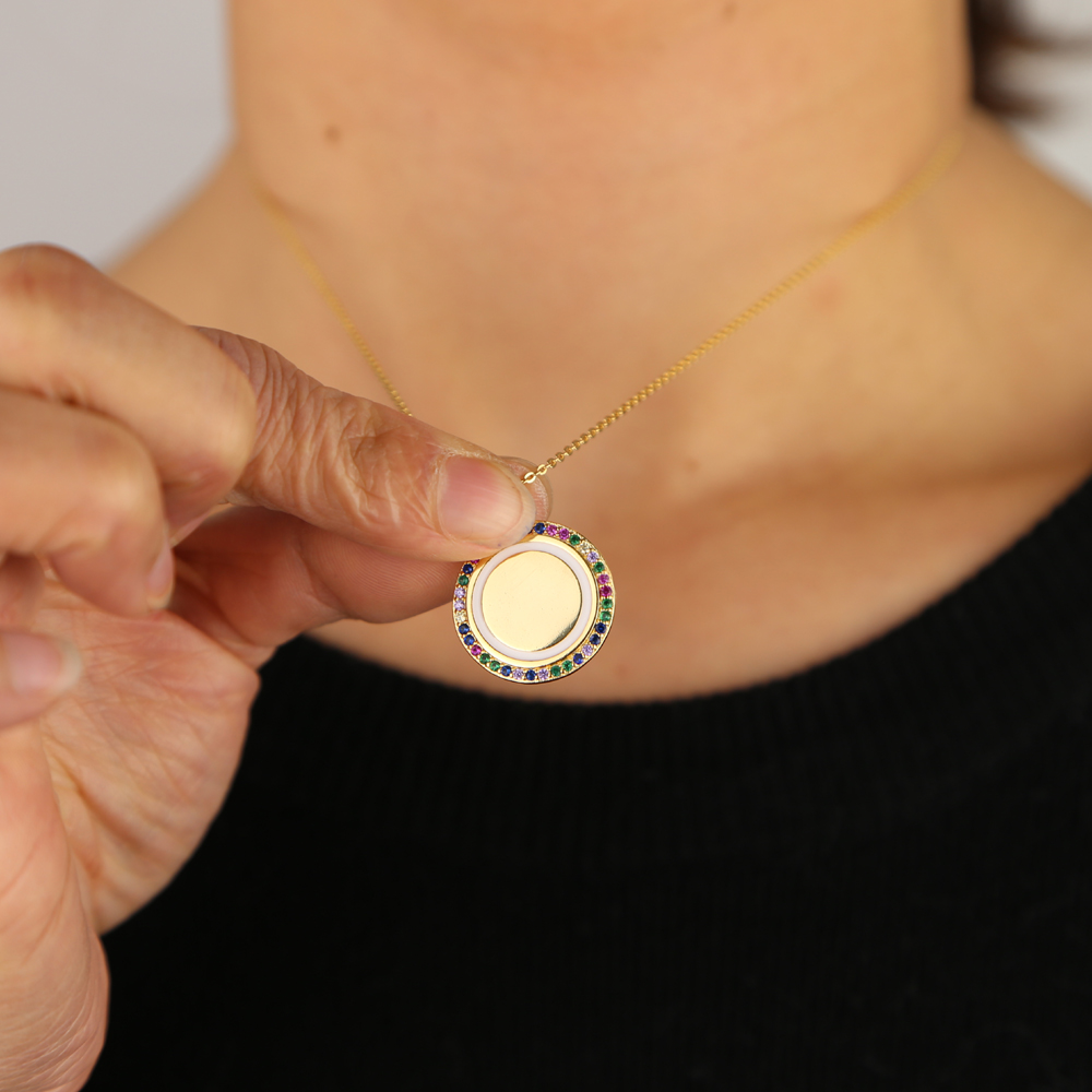 fashion jewelry 2019 New rainbow cz circle polished round coin tag customize name necklace