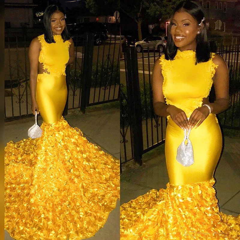 Black Girls Gold Mermaid Prom Dresses Lace Rose Train African Evening Dress Dubai Formal Party Gowns