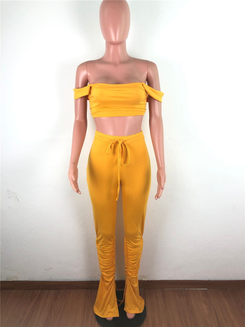 Tsuretobe Streetwear 2 Piece Set Women Crop Top And Stacked Pants Split Matching Sets Off Shoulder Club Outfits Summer Clothes CX200702