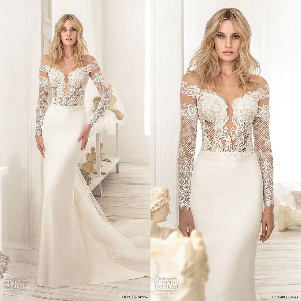 Sexy Mermaid Wedding Dresses Off Shoulder Long Sleeve Tulle Satin Applique Ruched Wedding Gown Sweep Train Custom robe de mariée, Daffodil
Sexy Mermaid Wedding Dresses Off Shoulder Long Sleeve Tulle Satin Applique Ruched Wedding Gown Sweep Train Custom robe de mariée, Daffodil
