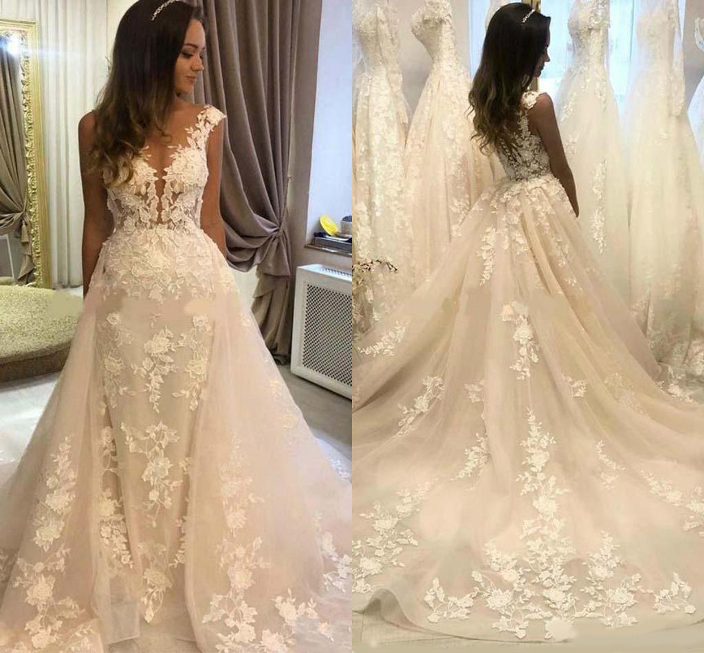 2020 Overskirts Arabic Mermaid Wedding Dresses 3D Floral Appliques Cap Sleeve Bridal Gown With Detachable Train Lace Buttons Back