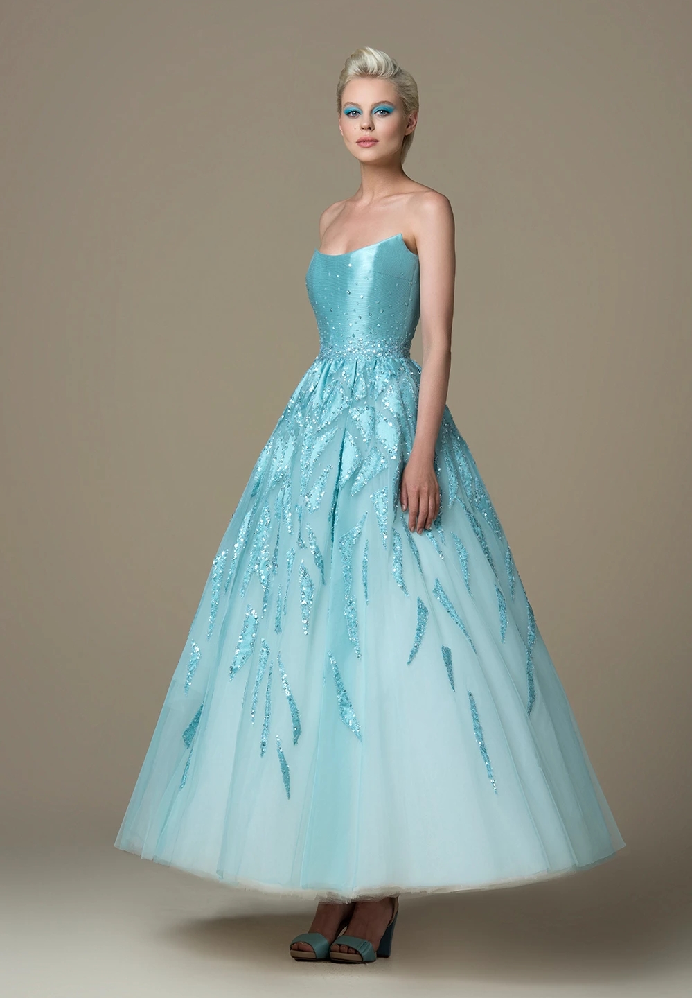 A E Gorgeous Beaded Prom Dresses Strapless Neck Sequined Formal Dress Tulle Ankle Length Appliqued Evening Gowns Nkle Ppliqued