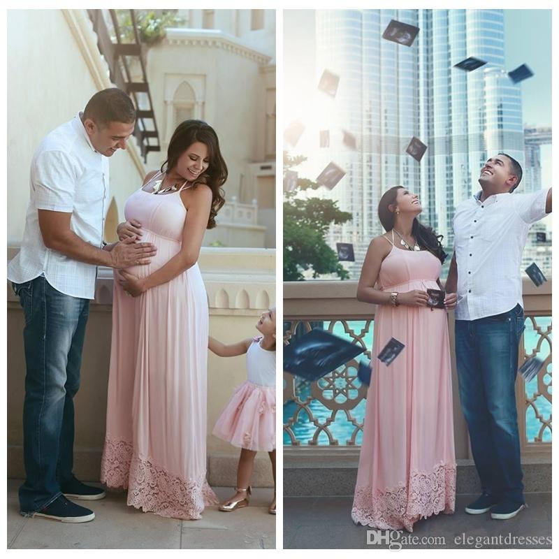 A Line Pink Lace Prom Dresses For Pregnant Women Halter Neck Evening Party Gowns Wear Plus Size Ogstuff Vestidos Abendkleider Maternity Gown