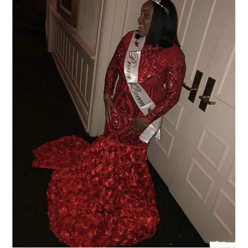Plus Size Red Mermaid Prom Dresses High Neck Lace Applique Sequins African Grils Evening Gowns Rose Flower Skirts Cocktail Party Dress