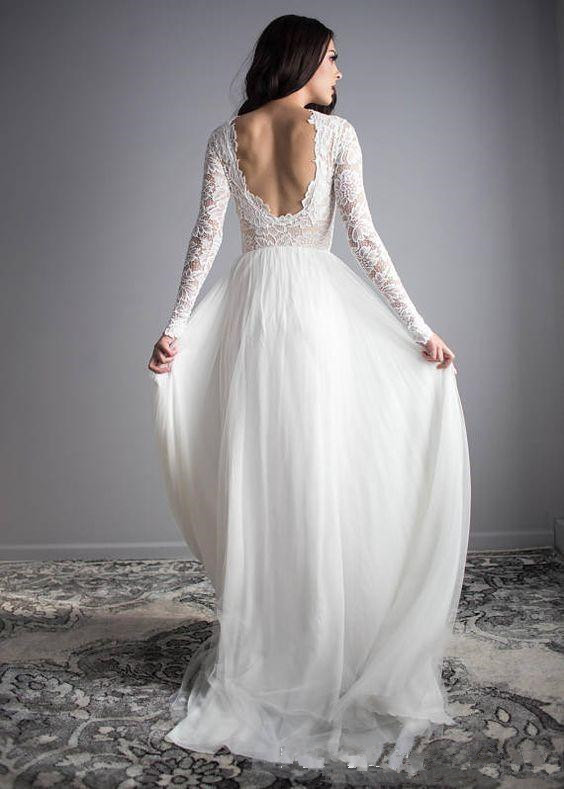 bohemian long sleeves lace tulle backless outdoor bridal dresses vintage wedding gowns vestidos de novia