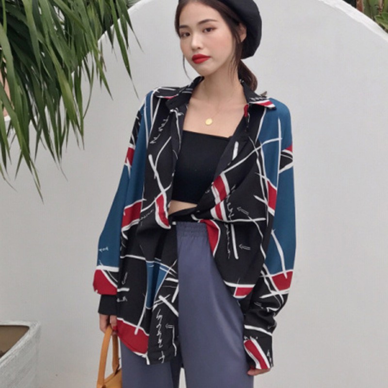 Chiffon Elegant Shirt Women Blouses Shirt 2019 Autumn Turn-Down Collar Geometric Print Long Sleeve Blusas Feminina Tops