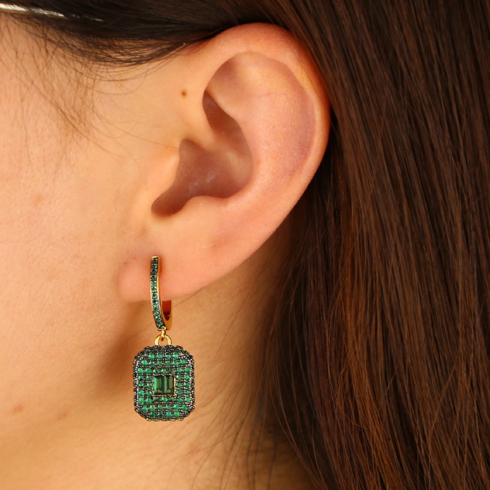 micro pave cz iced out women earring prong setting White Green cubic zirconia dangle earrings