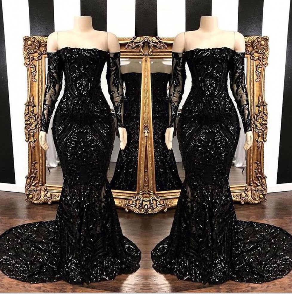 Black Off The Shoulder Mermaid Evening Party Dresses 2020 New Long Sleeve Sequined Lace Sweep Train Formal Prom Dresses BC1422