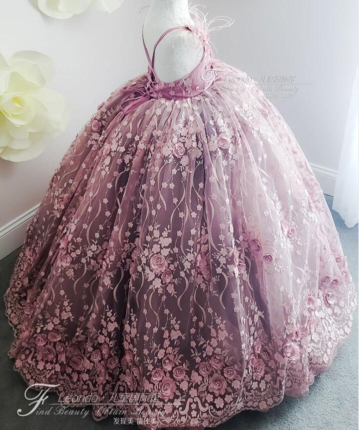 Purple Flower Girl Dresses For Weddings 3D Floral Appliqued Cute Little Girls Pageant Dress Feather First Holy Communion Dresses