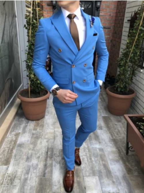 Hot Sale Double-Breasted Blue Wedding Men Suits Peak Lapel Two Pieces Business Groom Tuxedos (Jacket+Pants+Tie) W1199