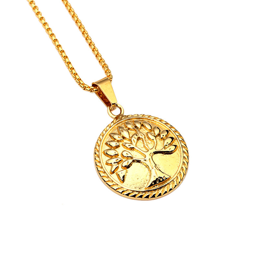 Fashion Mens Women 18k Gold Plate Pendant Necklace Round Charm Tree of Life Pendants Stainless Steel 60cm Long Chain Design Hip Ho