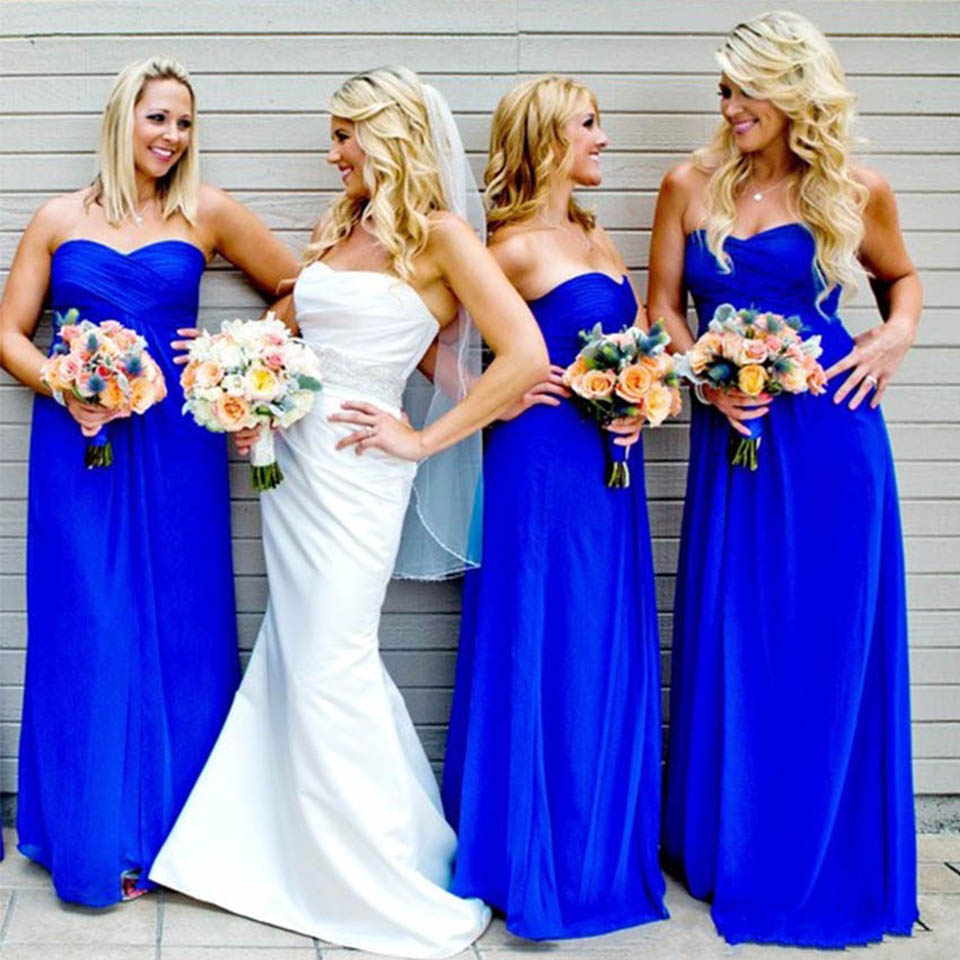 Women's Prom Gown Bridesmaid Dresses Sweetheart Chiffon Pleated Back Zipper Floor Length Wedding Party Dress Vestidos De Festa