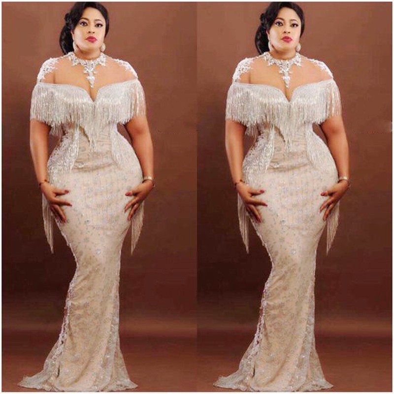 Tassels Mermaid Evening Dresses Saudi Arabia Sheer Neck Appliques Lace Plus Size Prom Dress African Women Party Vestidos