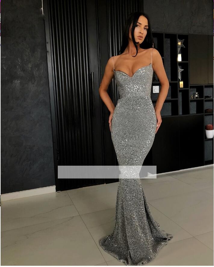 Sexy Mermaid Bling Prom Sequined Spaghetti Straps Backless Formal Evening Gowns Special Ocn Dresses Robes De Soire