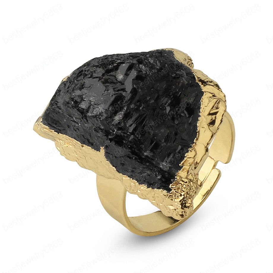 Natural Stone Gold-color Adjustable Ring Irregular Black Tourmaline Blue Crystal Finger Rings for Women Trendy Jewelry