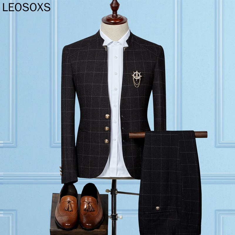 New Mens Plaid Suits Latest Coat Pant Designs Chinese Style Stand Collar Slim Fit Groom Wedding Suit Formal Wear, Black
New Mens Plaid Suits Latest Coat Pant Designs Chinese Style Stand Collar Slim Fit Groom Wedding Suit Formal Wear, Black