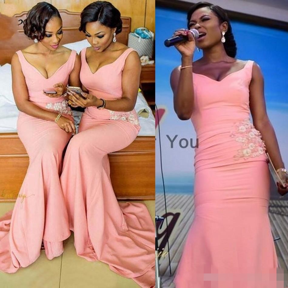 V Neck Straps Mermaid Bridesmaid Dresses Sweep Train Lace Applique African Custom Made Plus Size Maid of Honor Gown Formal Evening Wear