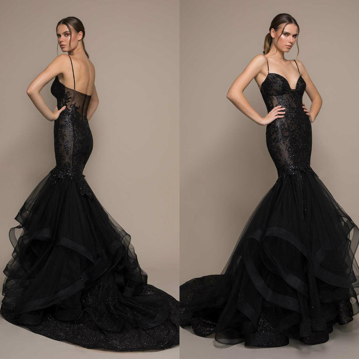 2020 Spaghetti Straps Evening Dresses Illusion Lace Sweetheart Ruffle Mermaid Prom Gowns with Sequins Black Pageant Dress