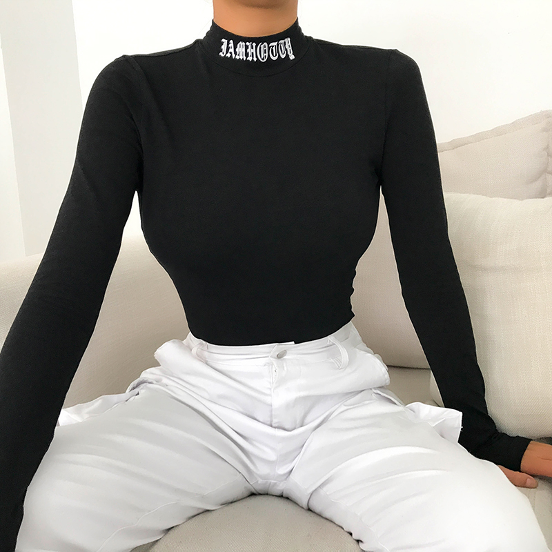 Rapwriter Sexy Backless Letter Embroidery Turtleneck Black Bodysuits Women Fall Winter Long Sleeve Bodycon Fitness Bodysuit