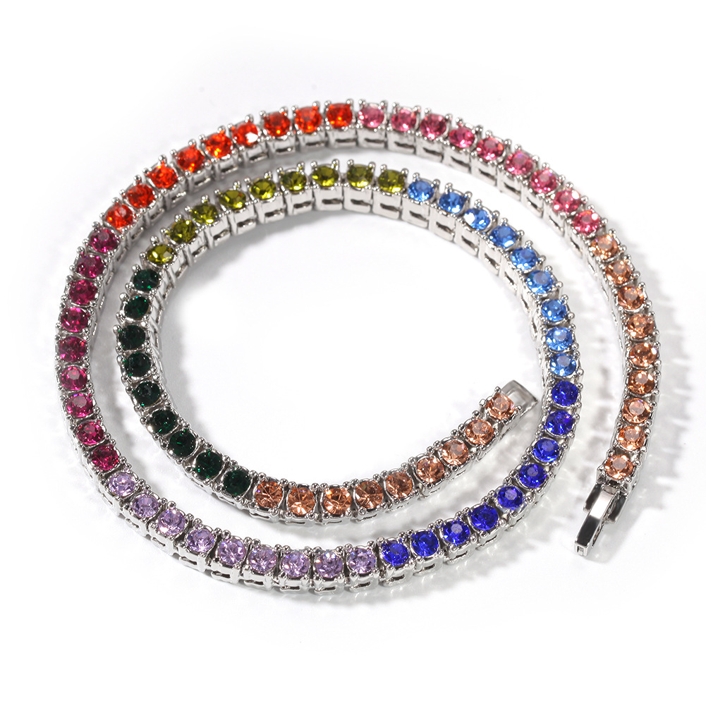 Hip Hop Tennis Chains Jewelry Mens Colorful Diamond Stone Chain Necklace Fashion 4mm Silver Gold