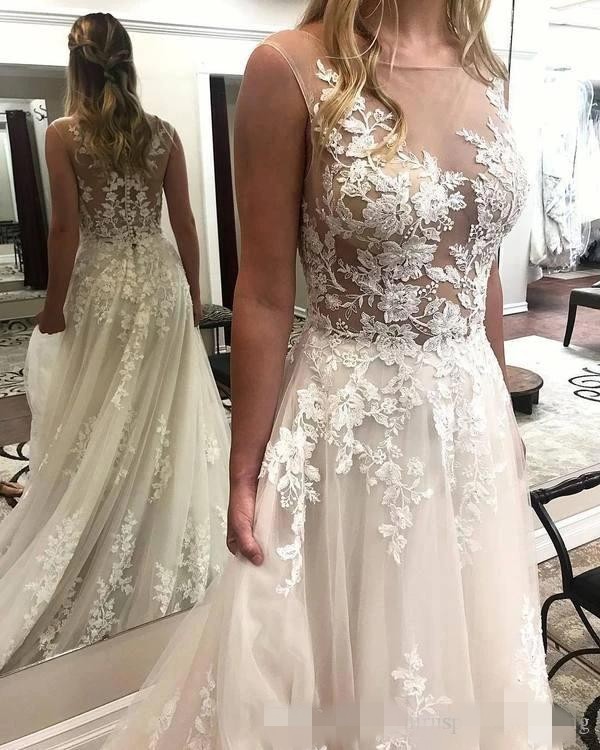 Lace Applique Dresses Sleeveless Sheer Neck Sweep Train Illusion Covered Buttons Beach Wedding Gown Vestido De Novia
