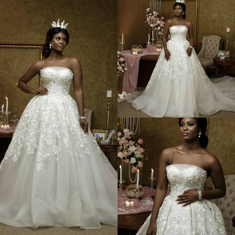 Black Girls South African A Line Wedding Dresses Elegant Strapless Lace Appliques Sexy Strapless Vestidos De Novia Sweep Train Bridal Gown