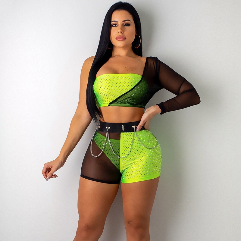 Sexy Club Outfit 3 Piece Set Summer Festival Clothing Mesh One Shoulder Crop Top Shorts Set Neon Matching Sets T200116