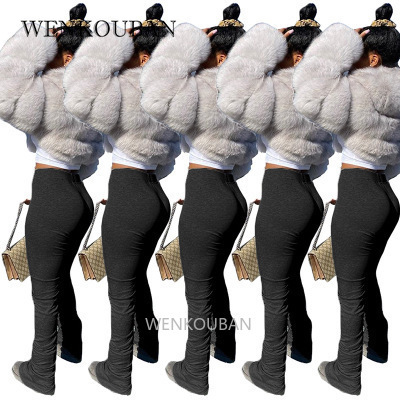 High Waist Sweatpants Women Joggers 2020 Elastic Summer Stacked Leggings Bell Bottom Trouser Split Hem Flare Ruched Pant