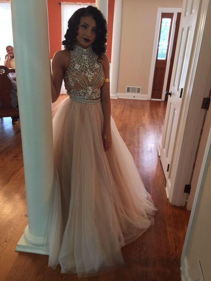 Sexy Two Pieces Prom Dresses High Neck Beaded Top Champagne Tulle Floor Length Formal Party Dresses Evening Gowns