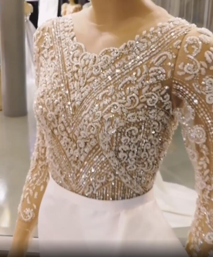2020 Arabic Aso Ebi Luxurious Beaded Sequins Wedding Dresses Mermaid High Split Bridal Dresses Long Sleeves Wedding Gowns ZJ224