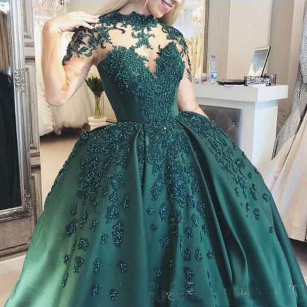 Sexy Hunter Green Quinceanera Dresses High Neck Lace Appliques Beads Sweet 16 Plus Size Puffy Prom Evening Gowns