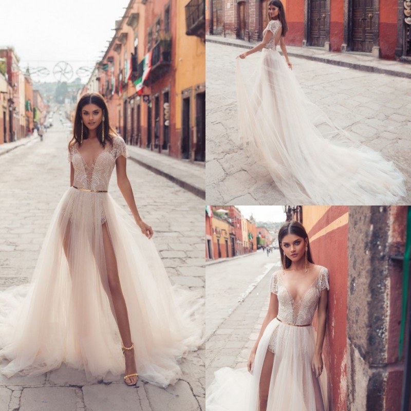 2019 Julie Vino Boho Wedding Dresses V Neck Lace Appliqued Sweep Train Side Split Bohemian Wedding Dress Custom Sexy Beach Bridal Gowns, Pink
2019 Julie Vino Boho Wedding Dresses V Neck Lace Appliqued Sweep Train Side Split Bohemian Wedding Dress Custom Sexy Beach Bridal Gowns, Pink