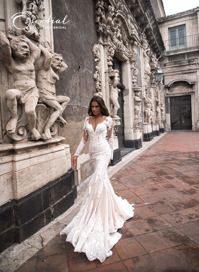 gorgeous mermaid dresses robe de mariage lace appliqued bridal gowns long sleeve vintage sheer v neck wedding dress
