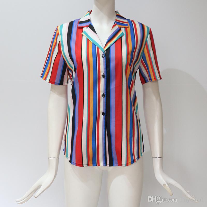 2020 Summer Short Sleeve Chiffon Blouse Shirt Striped Turn Down Collar Office Shirt Casual Tops Plus Size