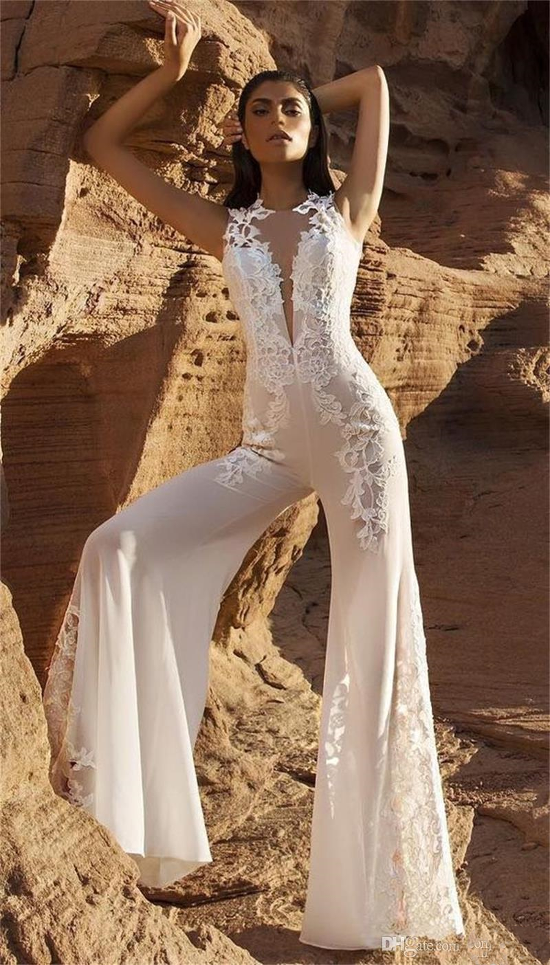 Jumpsuit Dresses Bohemian New Jewel Neck Lace Appliqued Bridal Dress Spring Summer Boho Beach Wedding Gowns