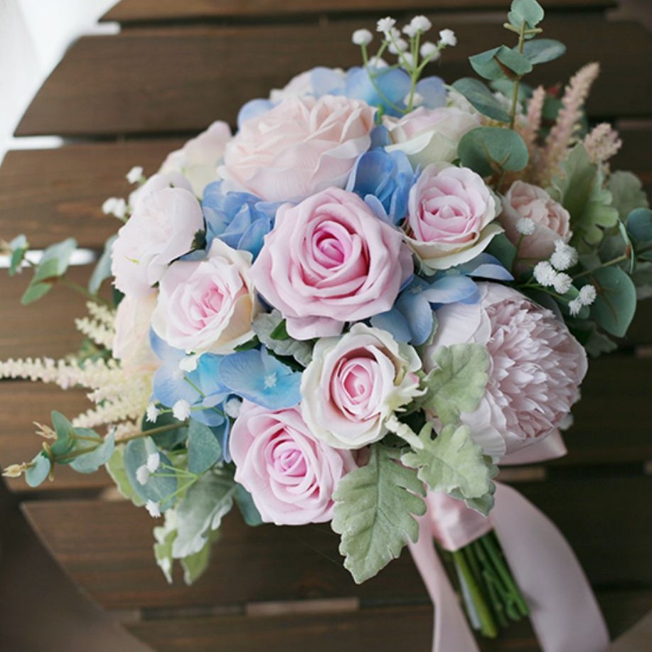 Pink Blue Flower Bridal Bouquets 2020 Rose Hydrangea Wedding Home Decoration Artificial Bride Holding Brooch Bouquet Bride Flowers
