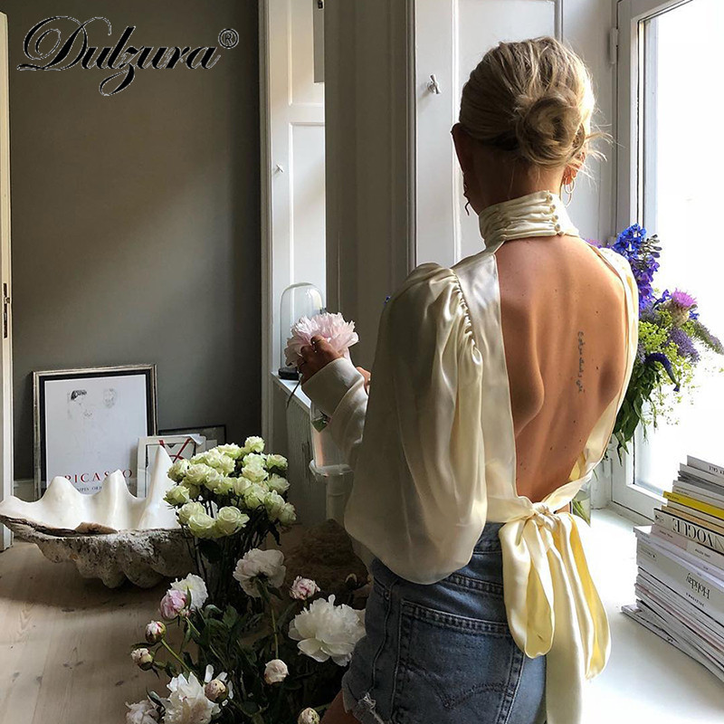 Dulzura Long Sleeve Ruched High Neck Backless Lace Up Tunic Blouse 2018 Autumn Winter Women Casual Shirt Open Back Top J190615
