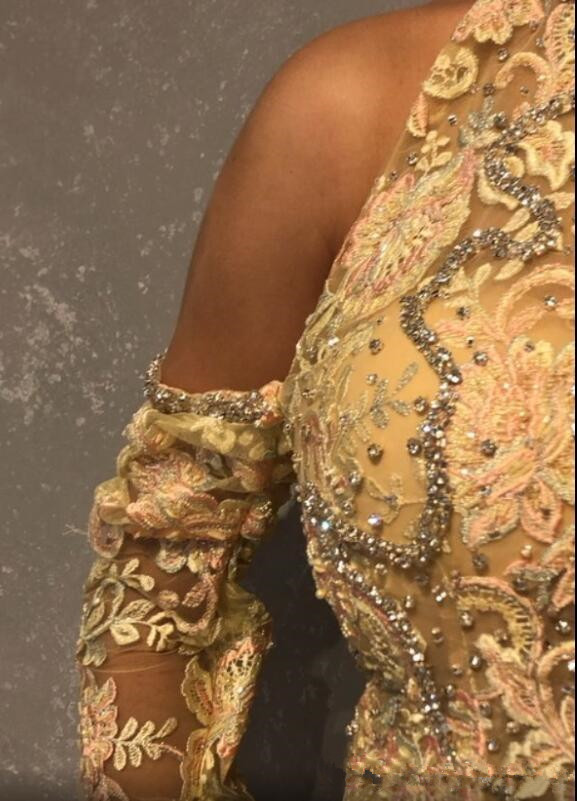 Champagne Sparkly Mermaid Prom Pageant Dresses with Long Sleeve 2020 Modern Beaded High Neck Plus Size Aso Ebi Style Lace Evening Wear Gown