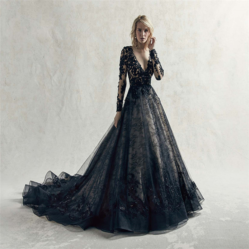 Black Wedding Dress Long Sleeve Vintage Lace Gowns robe mariee mariage reception Bride vestido de noiva1
