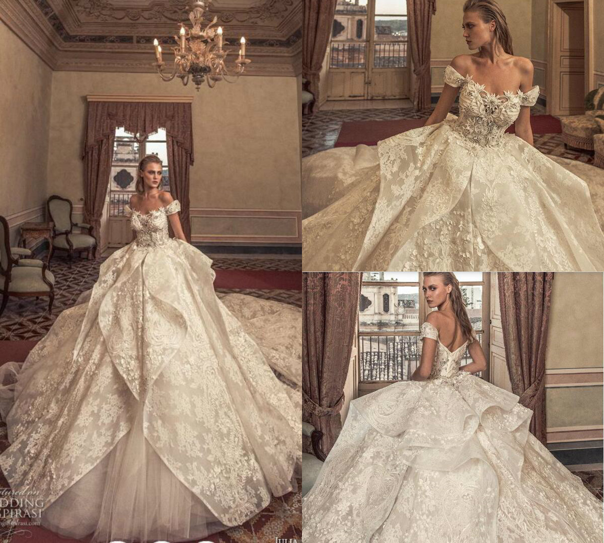 2019 Julia Kontogruni Vintage Wedding Dresses Off The Shoulder Lace Appliqued Crystal Tiered Skirts Luxury Country Wedding Dress Custom Made