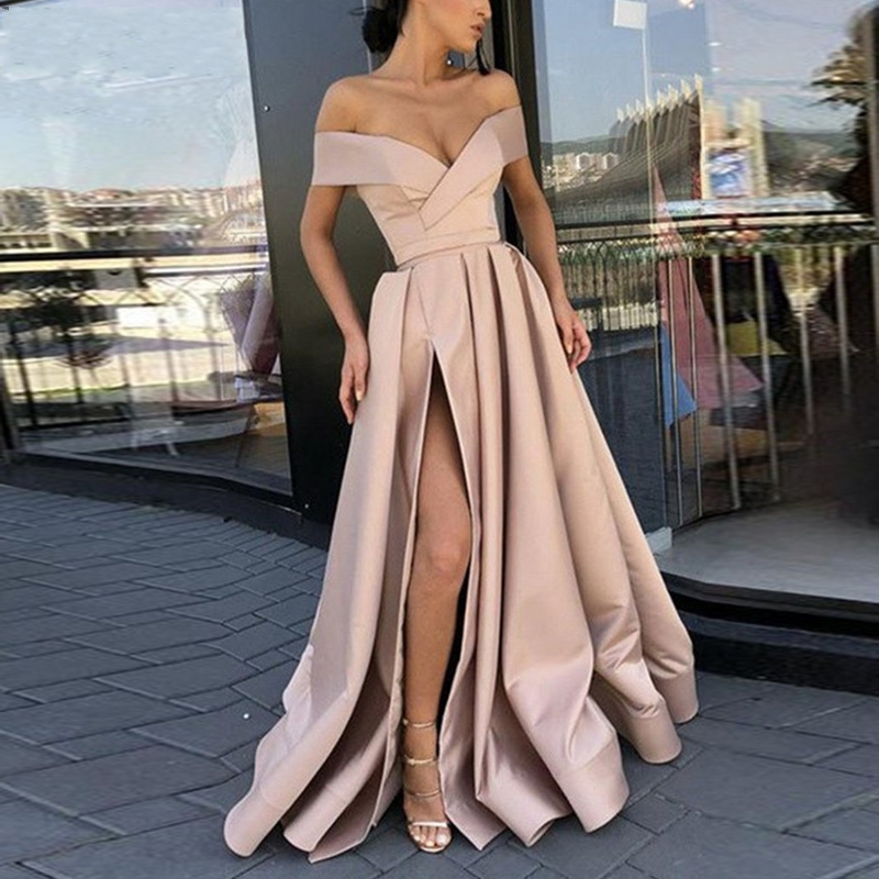 Elegant Off the Shoulder Champagne Evening Dress Satin Sexy A-line Prom Party Dress High Slit Evening Gowns 2019 Long vestido fiesta