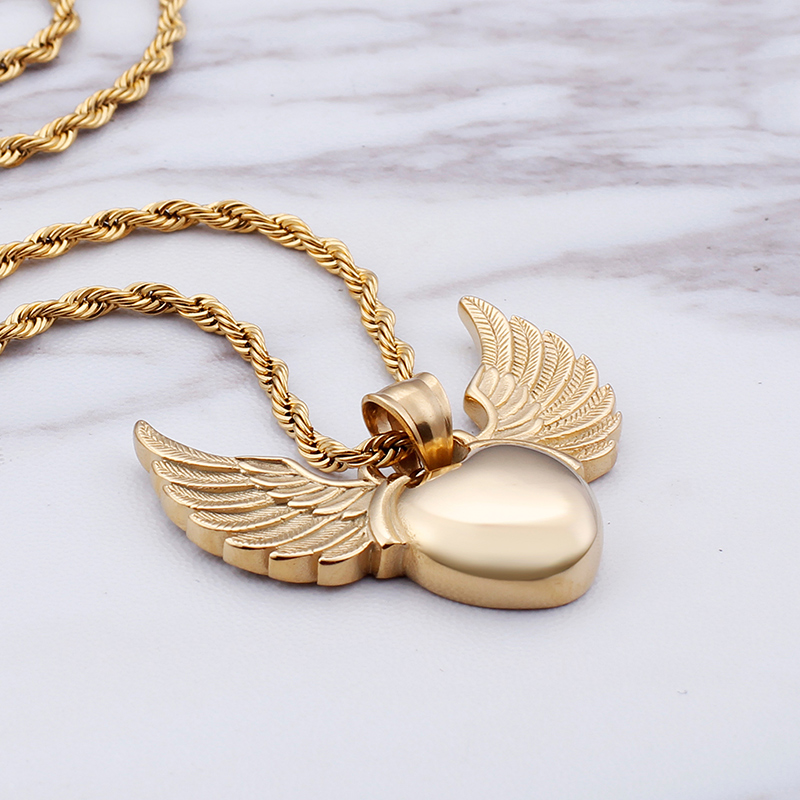 Women Men Hip Hop Heart Shape Angel Wings Pendants Necklace 316L Stainless Steel 18K Gold Plated Jewelry