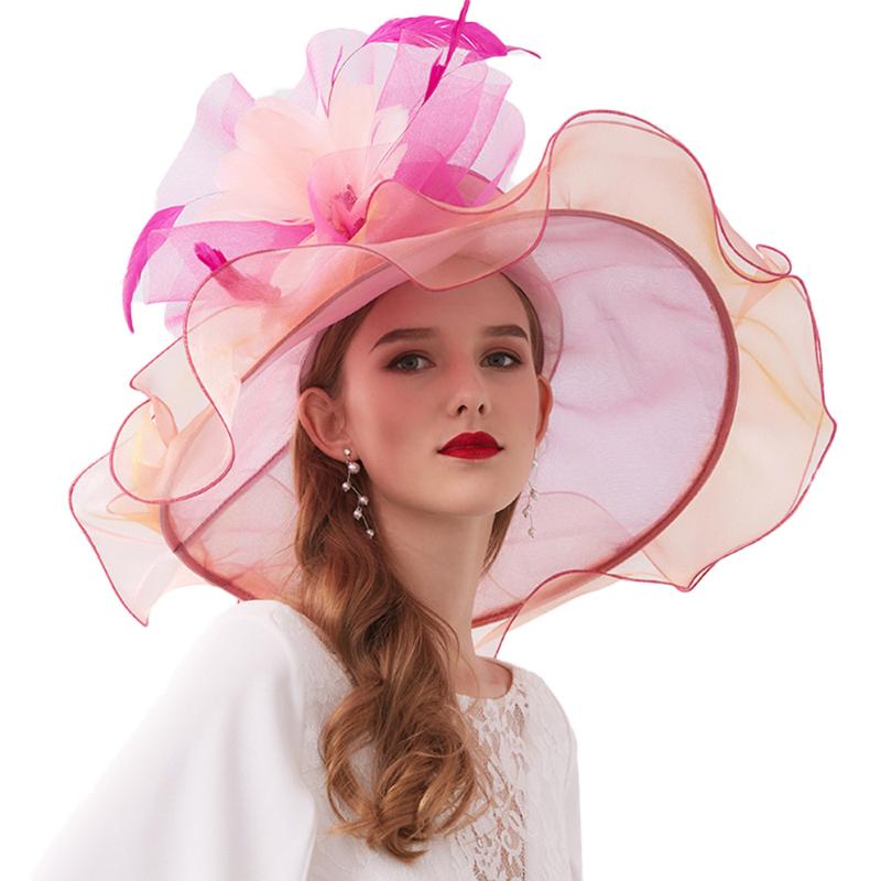 FS 2020 New Women Hats For Elegant Summer Hat Ladies Party Cap Large Brim Fedoras With Flower Chapeu Feminino