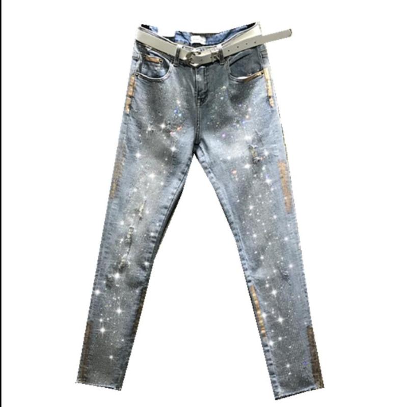 2020 Spring and autumn new hot rhinestone gold skinny jeans women high waist was thin hole denim nine points pants r751, Blue
2020 Spring and autumn new hot rhinestone gold skinny jeans women high waist was thin hole denim nine points pants r751, Blue
