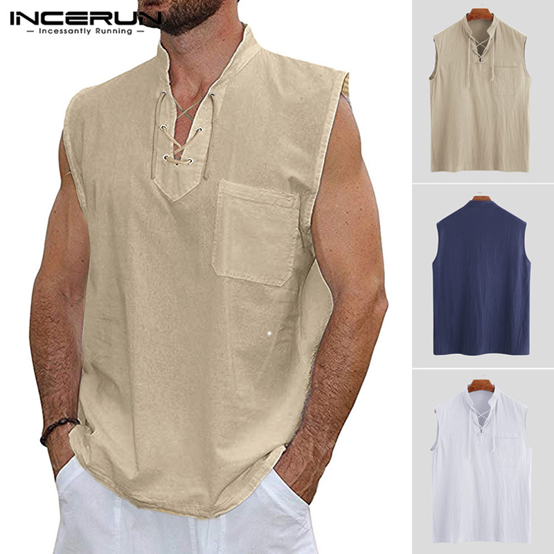 2020 Summer Men Tank Tops Cotton Linen V Neck Lace Up Tops Breathable Sleeveless Vests Men Casual Vintage Blouse Plus Size, Khaki
2020 Summer Men Tank Tops Cotton Linen V Neck Lace Up Tops Breathable Sleeveless Vests Men Casual Vintage Blouse Plus Size, Khaki