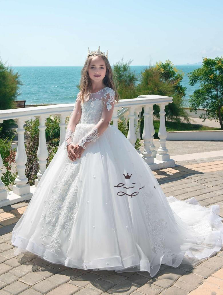 Beautiful Kids White Princess Wedding Dresses Lace Appliques Pearl Long Sleeves Girls Pageant Gown Tulle Flower Girl Dress 0521