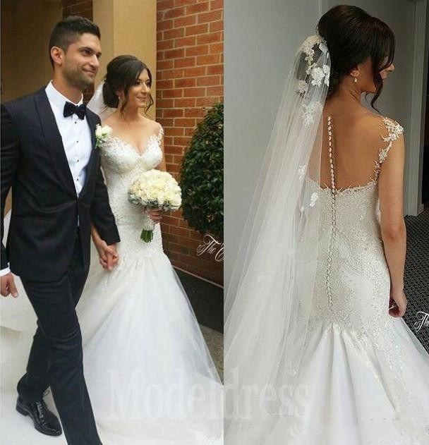 Gorgeous Lace Mermaid Wedding Gowns Sheer Neck Pearls Illusion Back Trumpet Detachable Train Vintage Bridal Dresses Plus Size Customized