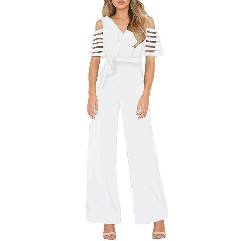 Jumpsuit women white 2020 summer new mesh stitching short sleeve sexy bare shoulder v neck bow belt long wide leg pants CX1124, Black
Jumpsuit women white 2020 summer new mesh stitching short sleeve sexy bare shoulder v neck bow belt long wide leg pants CX1124, Black