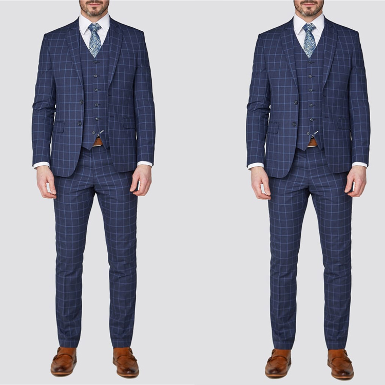 Newest Check Groom Wear Tuxedos Navy Blue 3 Pieces Men Pant Suits Notched Lapel Formal Gentlemen Formal Wedding Blazer